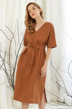 Marcella Linen Dress – VAST V-neck Linen Dress For Workwear With Relaxed Fit, Linen Tie Waist Dress For Daywear, Relaxed Fit Linen V-neck Dress For Work, Casual Linen Belted Dress For Daywear, Linen Midi Dress With Tie Waist, Casual Belted Linen Dress For Daywear, Linen Midi Dress With Tie Waist For Daywear, Linen Dress With Tie Fastening For Spring, Knee-length Linen Dress With Tie Waist