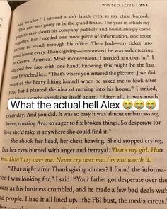 an open book with the words what the actual hell alex