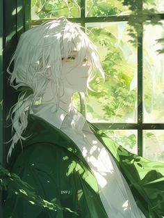 an anime character with white hair and green eyes looking out a window at the forest