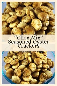 two pictures with the words chex mix seasoned oyster crackers in front of them