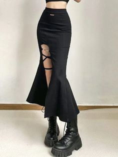 Midi Skirt Y2k, Girls Long Skirts, Black Flare Skirt, Long Flared Skirt, Streetwear Mode, Fishtail Skirt, Skirt Y2k, Skirts Midi High Waisted, High Waisted Pencil Skirt