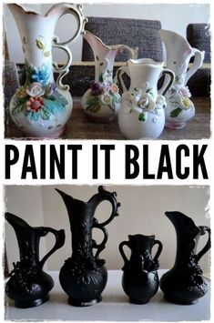 four vases with flowers painted on them and the words paint it black