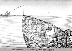 a drawing of a fish with a fishing rod in it's mouth and a boat on the water