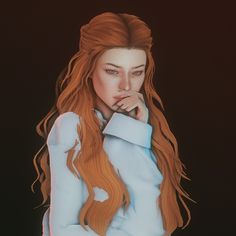 a digital painting of a woman with long red hair wearing a blue shirt and holding her hand to her face