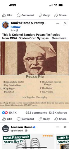 Colonel Sanders, Pecan Pie Recipe, Pie Shell, Pecan Pie, Corn Syrup, Pie Recipes, Lemon Juice, Juice, Thanksgiving