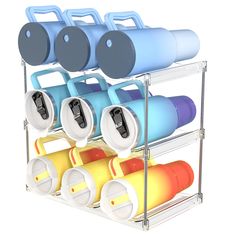 a rack with cups and mugs on top of each other in front of a white background