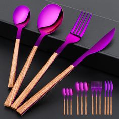 the purple utensils are next to each other