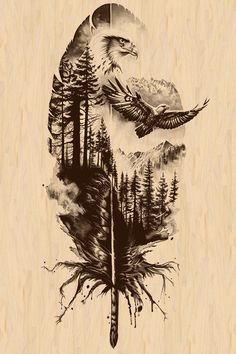 an eagle flying through the air with trees and mountains in the background on a piece of wood