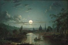 a painting of people in a boat on a river under a moon lit sky with clouds