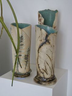 two vases sitting on top of a white shelf next to a plant in a vase