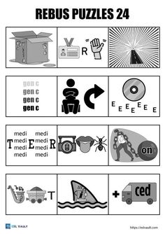 a poster with words and pictures on it that say, rebus puzzles 2 4