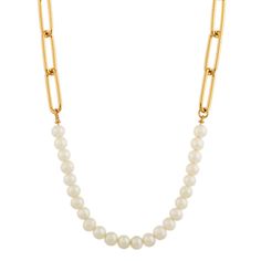 Crafted from 14k gold vermeil (pronounced ver-may)  which features a thick layer of 14k gold plating on sterling silver  this lovely necklace features twenty-four Freshwater cultured pearls. These pearls are attached to a beautiful paperclip chain. This piece measures 18 inches long and is secured with a lobster clasp. Elegant White Pearl Necklace With Paperclip Chain, Elegant Gold Pearl Necklace With Paperclip Chain, Elegant Pearl Necklace With Paperclip Chain, Classic Pearl Necklace With Paperclip Chain For Gift, Paperclip Necklace, Jewelry Cleaning Solution, Platinum Jewelry, Chain Extenders, Lovely Necklace