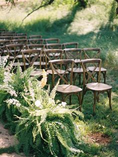 rows of chairs lined up next to each other in the grass with flowers on them