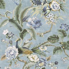 a blue floral wallpaper with birds and flowers