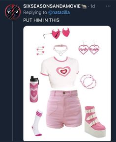 a woman wearing pink shorts and a white shirt with hearts on it is standing in front of a tweet