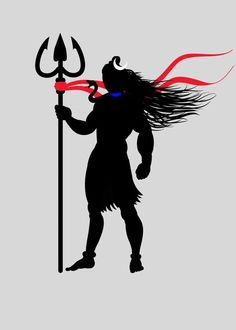 the silhouette of a demon holding a sceptacle with red flames on it's tail