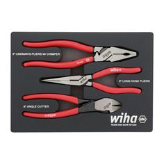 three pliers with red handles and black handles