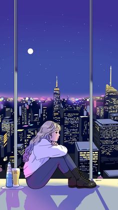 a woman sitting on the window sill looking out at the cityscape in the distance