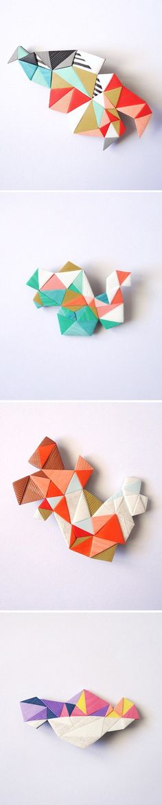 three different types of origami boats are shown in four different colors and shapes