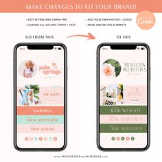 two iphones with the text make changes to fit your brand on them and an arrow pointing
