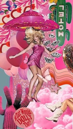 a collage of various images including a woman flying in the sky with a pink background