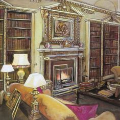 a painting of a living room with bookshelves and couches in front of a fire place