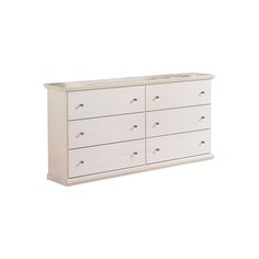 a white dresser with four drawers and two doors on the top shelf, against a white background