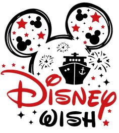 mickey mouse's head with the words disney wish in red, white and black