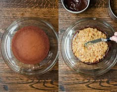 someone is cutting into a chocolate cake in two separate glass bowls on a wooden table