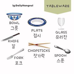 the tableware is labeled in different languages