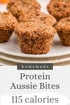 some muffins are sitting on a plate with the words, homemade protein aussie bites