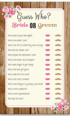 a bridal or groom game with pink flowers on the side and brown wood background