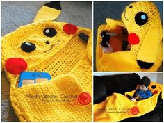 there is a crocheted blanket that has been made to look like a pikachu