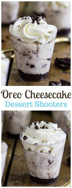 oreo cheesecake dessert shooters with whipped cream and chocolate chips