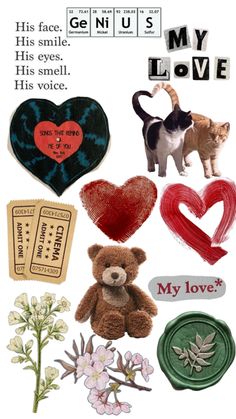 a collage of different items including a teddy bear, heart, and other things