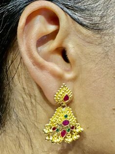 22 Karat Gold Drop Earrings with Ruby & Emeralds  - 235-GER14051 - in 9.300 Grams for USD $1,047.73 USD. 
Made in India by Totaram Jewelers Online this product is in Gold - 22 Karat BIS Hallmark 916 Gold  & is an excellent gift for Adult - Women. Ships fully insured with secured guaranteed delivery for free with your order over $250 from New Jersey USA & comes with 30 days exchange policy. 22k Gold Bridal Earrings For Celebration, Gold Fusion Danglers For Anniversary, Gold Fusion Jhumkas For Anniversary, Gold Fusion Style Jhumkas For Anniversary, Fusion Style Yellow Gold Bridal Earrings For Celebration, Gold Fusion Bridal Earrings For Celebration, Gold Hand Set Fusion Danglers, Gold Festive Chandelier Earrings For Anniversary, Festive Gold Chandelier Earrings For Anniversary