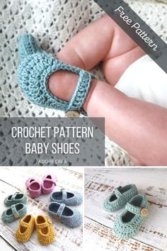 crochet baby shoes are shown in different colors