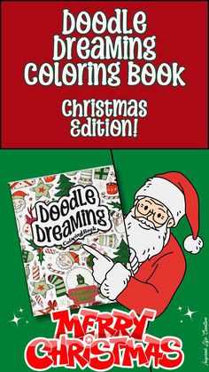 christmas coloring book with santa claus and merry christmas lettering on the front, green background