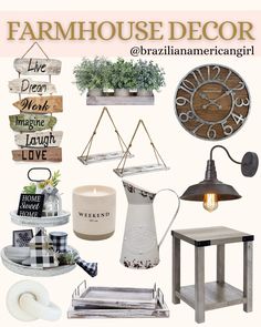 a collage of farmhouse decor items including candles, candle holders, and other things