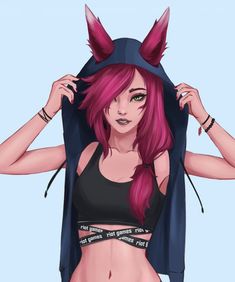 a girl with pink hair and horns on her head is wearing a black bra top