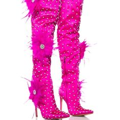 The Azalea Wang" Top Tier " Fuchsia Satin Feather Flower Thigh High Boot Features A Shimmering Satin Upper, Rhinestone Gemstone Detailing, And Real Feather Applique Detailing Displaying Pops Of Floral Fun. Complete With A Pointed Toe Silhouette, A Thigh High Shaft , A Non-Stretch Fabrication, A Slim Stiletto Heel, And A Tonal Inner Ankle Zipper Closure. - Satin Upper - Pointed Toe - Stiletto Heel - 22” Shaft Length - 4.75” Heel Height - 19” Shaft Circumference Feather Applique, Flower Boots, Pink Stilettos, Rose Shoes, Azalea Wang, Feather Flower, Thigh Boot, Thigh High Boots, Thigh High