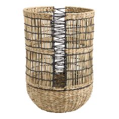 a wicker basket is shown with black wire on the bottom and sides, as well as