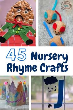 Four images of colorful, nursery rhyme themed crafts with the test "45 Nursery Rhyme Crafts". Nursery Rhymes Crafts, Nursery Art Ideas, Nursery Rhymes Kindergarten, Rhymes For Toddlers, Nursery Rhyme Art