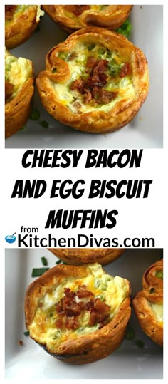 an egg and bacon muffins recipe is shown in two separate images with the words cheesy bacon and egg biscuit muffins