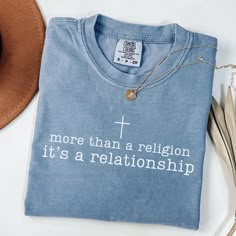 More than a religion It's a relationship This Comfort Colors garment-dyed T-shirt is the perfect blend of faith and fashion, designed as a trendy Christian clothing shirt for women. Ideal for expressing your beliefs, this Jesus shirt is a stylish piece of Christian apparel that makes a meaningful gift. Whether worn casually or for a special occasion, it's a faith shirt that speaks to your heart while keeping you comfortable and on-trend. Because its not a religion, it's a relationship. * 100% ring-spun cotton * Garment-dyed, vintage style shirt * Relaxed fit, size up 1-2 sizes for popular oversized look * Machine wash cold inside out, hang to dry to preserve graphic * See size chart, and measure a favorite shirt of yours to compare lengths/widths Items are made to order, and cannot be retu Popular Shirts, Christian Fashion Outfits, Trending T Shirt Designs, Cute T Shirts Graphic Tees, Aesthetic Christian Shirts, Faith Shirts, Jesus Shirt, Unisex Christian Shirt Ideas, Christian Outfits For Women