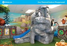 This photo features an indoor zoo-themed playground that can be found within playgrounds, malls, zoos, museums, indoor playgrounds, theatres, amusement parks, hair salons, barbershops, dental clinics, and anywhere that supports kid-friendly decor.  This indoor kids' decor features zoo animals such as cute penguins, cute lions, and cute animals that kids can play with and have fun with. Interactive Activities For Kids, Play Park, Colorful Space, Quiet Area, Soft Play, Kids Slide, Different Games