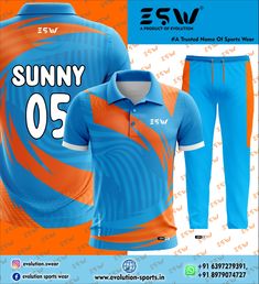 an orange and blue soccer uniform with the name sunny 05 on it's chest