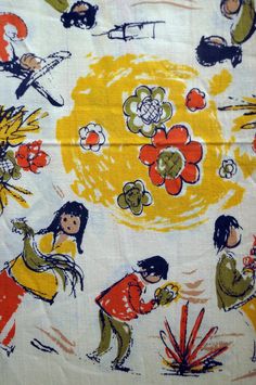 an image of children playing in the sun with flowers and plants on white linens