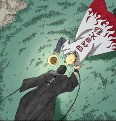 an anime character holding a flag with the word bannan written on it and another cartoon character wearing a black robe