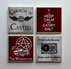 four square magnets with words and symbols on them that say, keep calm and carry salt